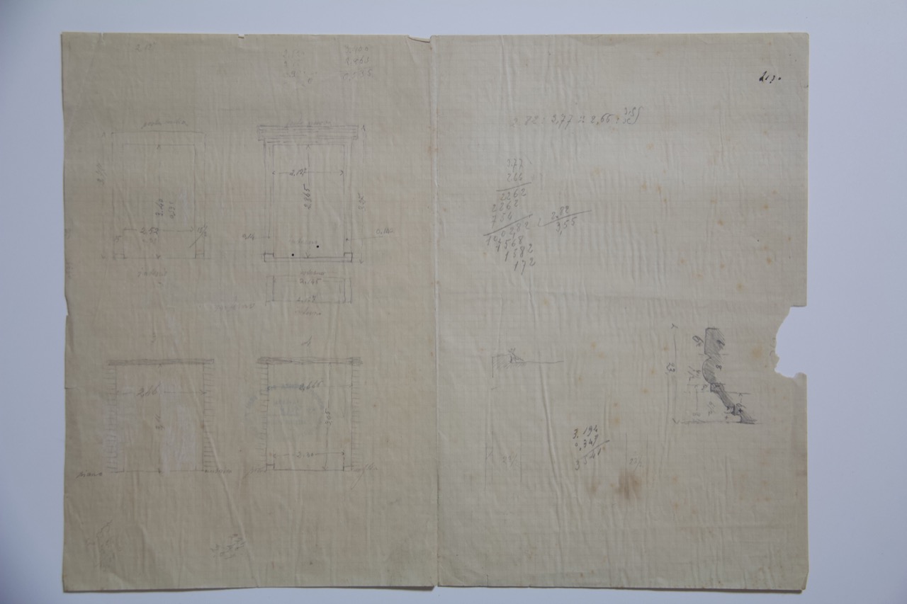 disegno architettonico, Calcoli delle dimensioni delle aperture delle porte della basilica di San Vitale di Ravenna di Anonimo italiano (XIX-XX)