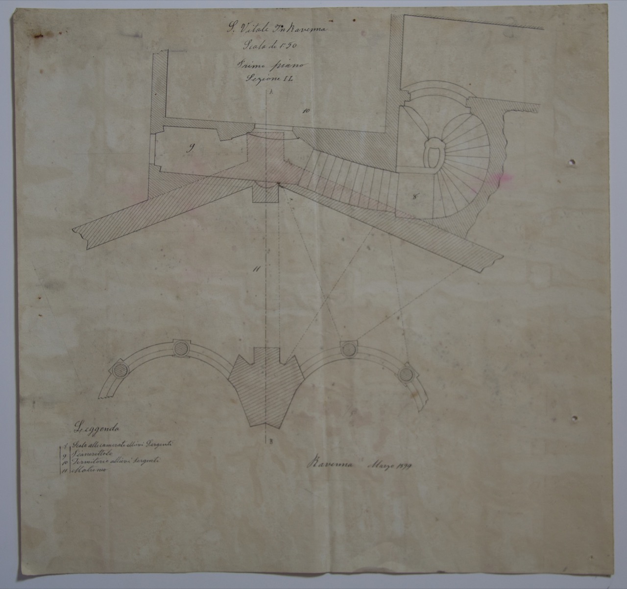 disegno architettonico, Pianta del primo piano con lo scalone d’ingresso al museo a ridosso della basilica di San Vitale di Ravenna di Anonimo italiano (XIX)