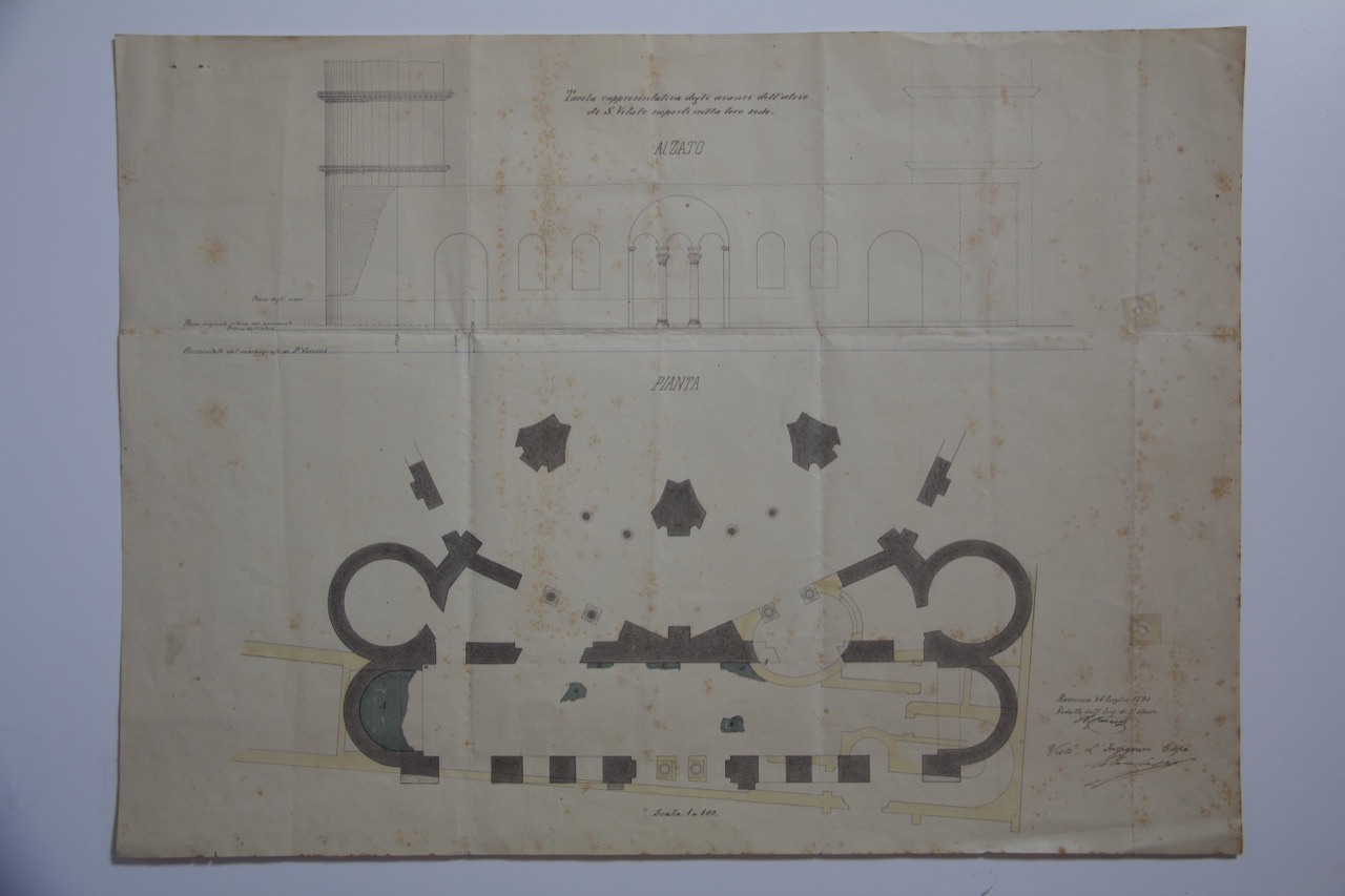 disegno architettonico, Tavola rappresentativa degli avanzi dell’atrio della basilica di San Vitale di Ravenna di Ranuzzi, Alessandro (XIX)