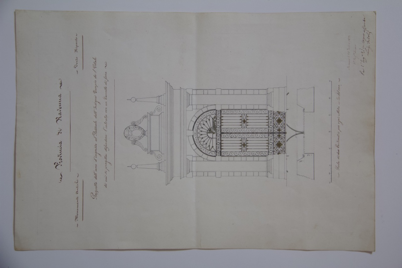 disegno architettonico, Prospetto dell’arco d’ingresso al piazzale della basilica di San Vitale di Ravenna di Anonimo italiano (XIX)
