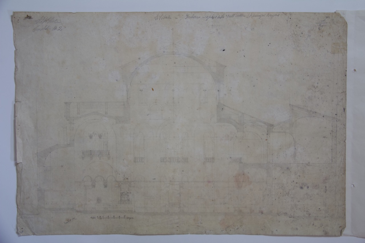 disegno architettonico, Sezione longitudinale lungo l’asse perimetrale della basilica di San Vitale di Ravenna di Ranuzzi, Alessandro (XIX)