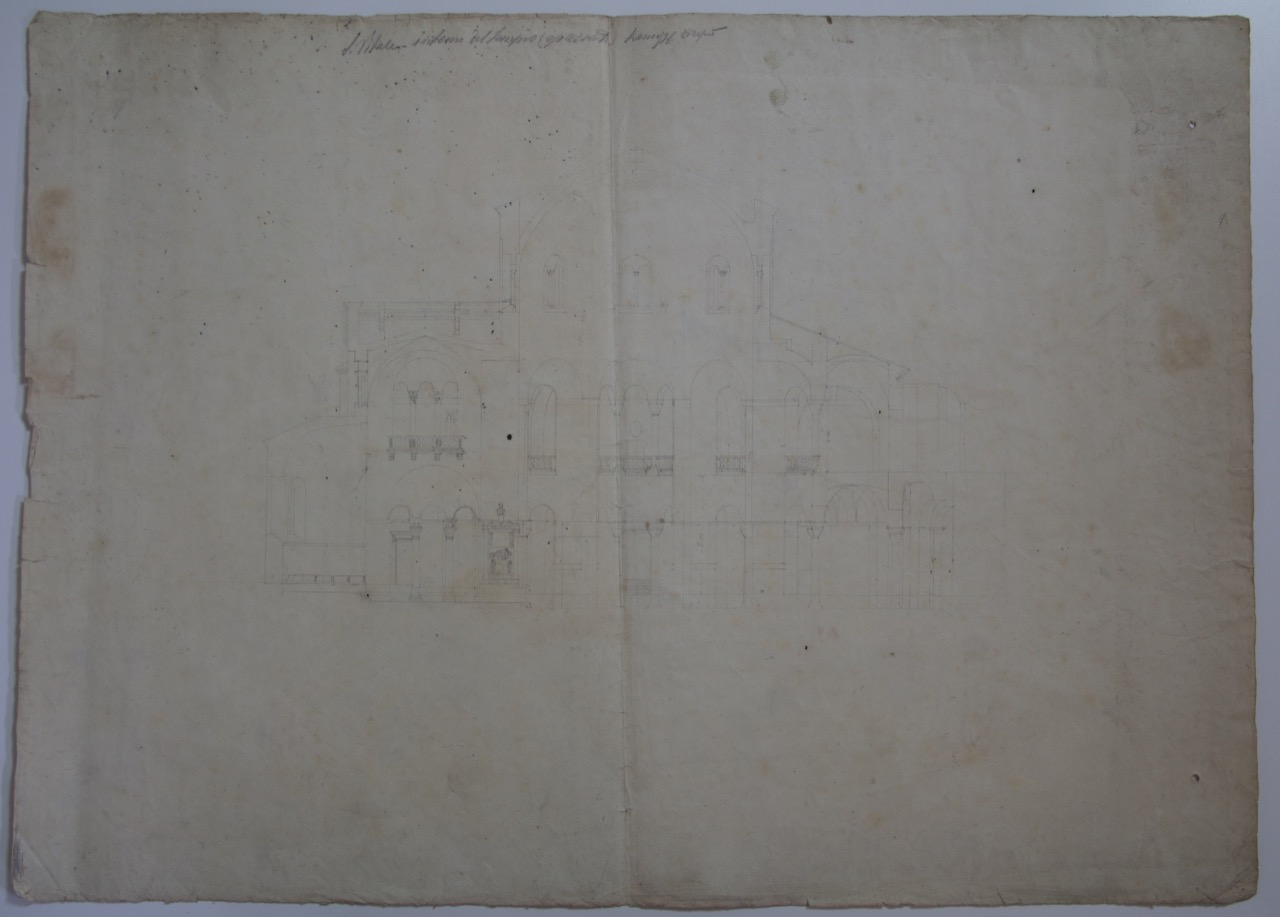 disegno architettonico, Interno e sezione longitudinale della basilica di San Vitale di Ravenna di Ranuzzi, Alessandro (XIX)