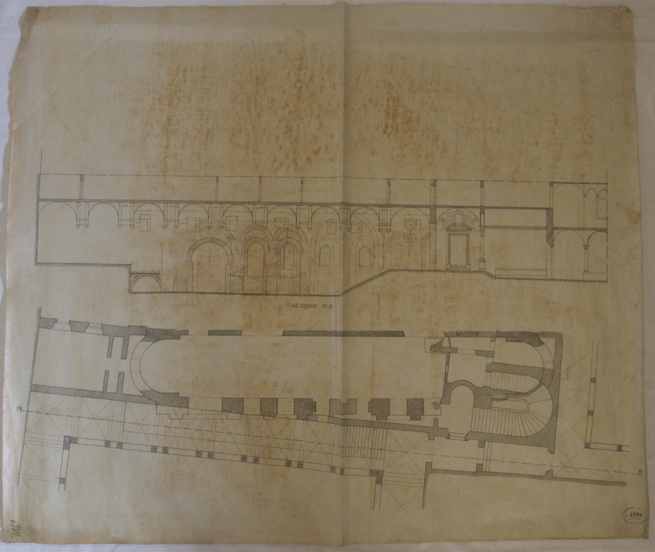 disegno architettonico, Sezione A-B e pianta della basilica di San Vitale di Ravenna di Anonimo italiano (XIX-XX)