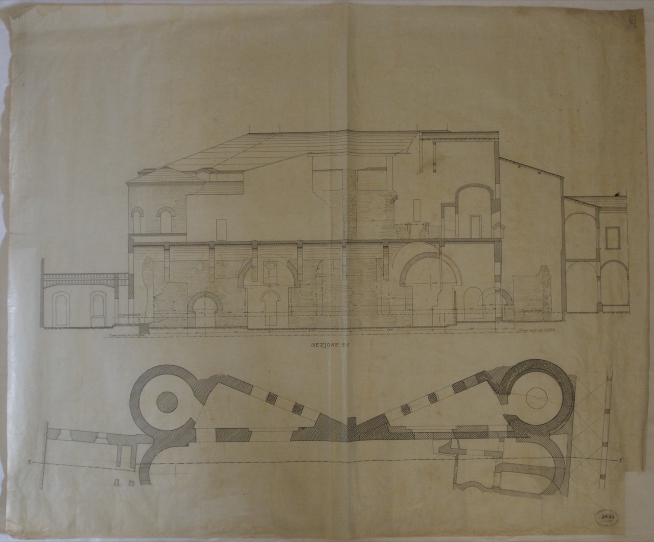 disegno architettonico, Sezione E-F e pianta dei torrioni della basilica di San Vitale di Ravenna di Anonimo italiano (XIX-XX)