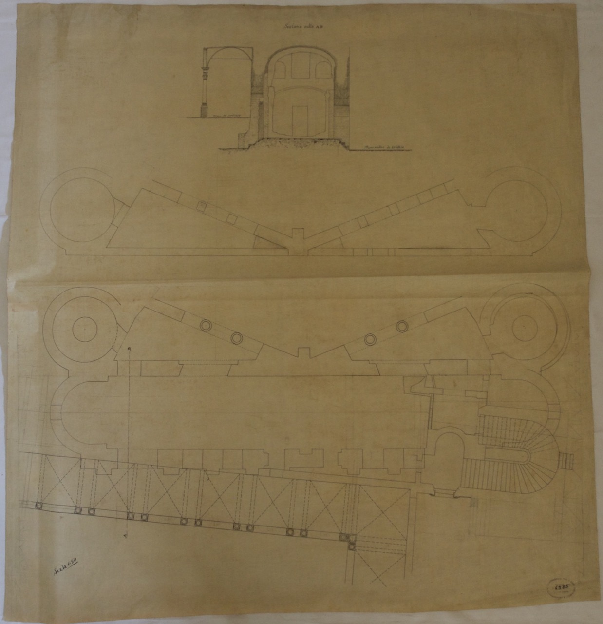 disegno architettonico, Sezione A-B e pianta dell'ardica della basilica di San Vitale di Ravenna di Anonimo italiano (XIX-XX)