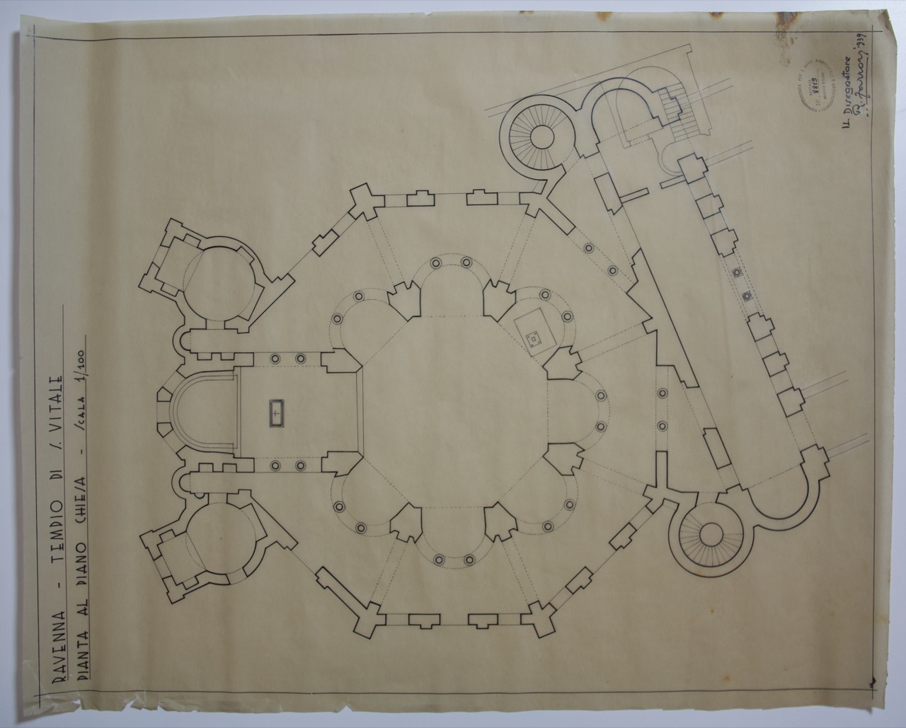 disegno architettonico, Pianta al piano della basilica di San Vitale di Ravenna di Farroni, Renato (XX)