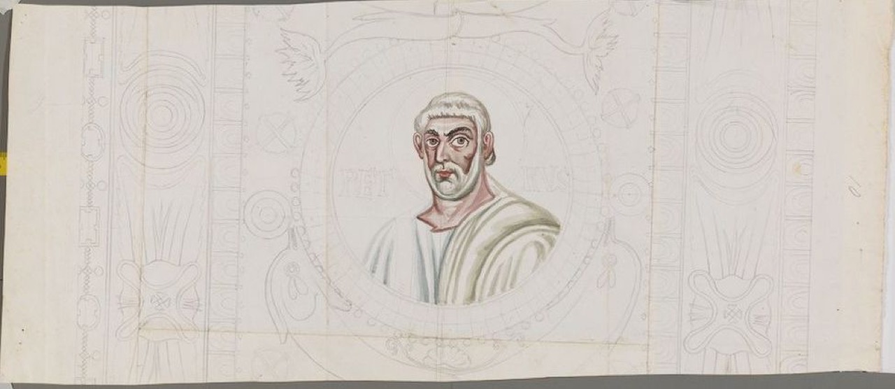 disegno architettonico, Decorazione musiva dell’intradosso dell’arco trionfale nel presbiterio della basilica di San Vitale di Ravenna, con clipeo col ritratto di San Pietro di Anonimo italiano (XIX-XX)