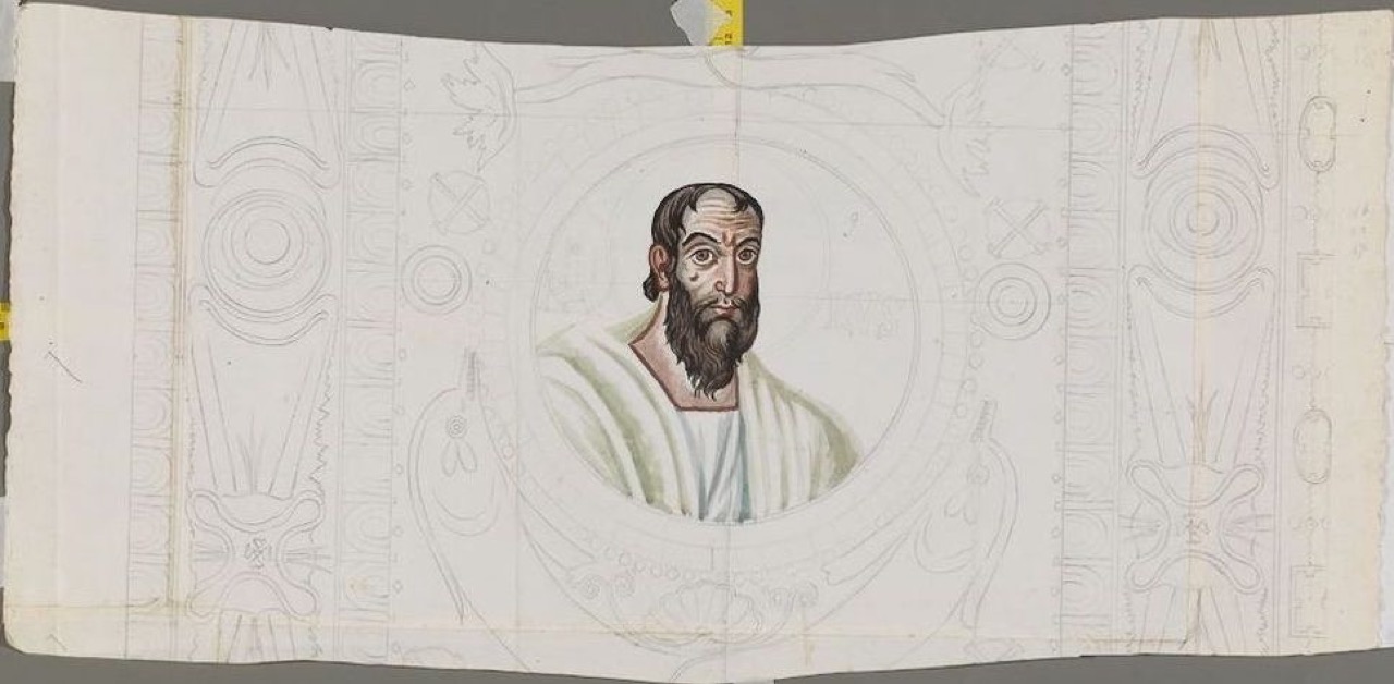 disegno architettonico, Decorazione musiva dell’intradosso dell'arco trionfale nel presbiterio della basilica di San Vitale di Ravenna, clipeo col ritratto di San Paolo di Anonimo italiano (XIX-XX)