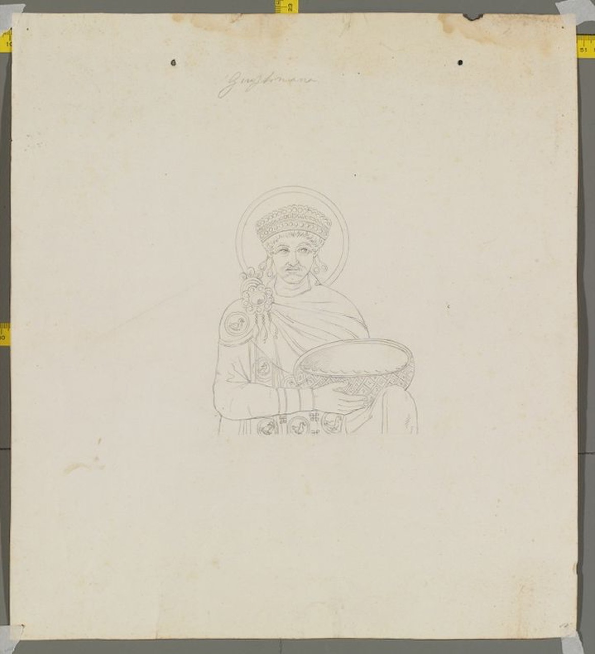 disegno architettonico, Decorazione musiva dell’abside della basilica di San Vitale di Ravenna, parete sinistra corteo di Giustiniano, particolare del ritratto di Giustiniano di Anonimo italiano (XIX-XX)