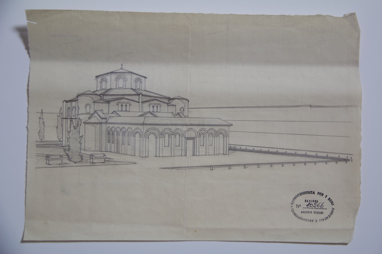 disegno architettonico, Veduta prospettica con la ricostruzione ideale del quadriportico della basilica di San Vitale di Ravenna di Anonimo italiano (XIX-XX)