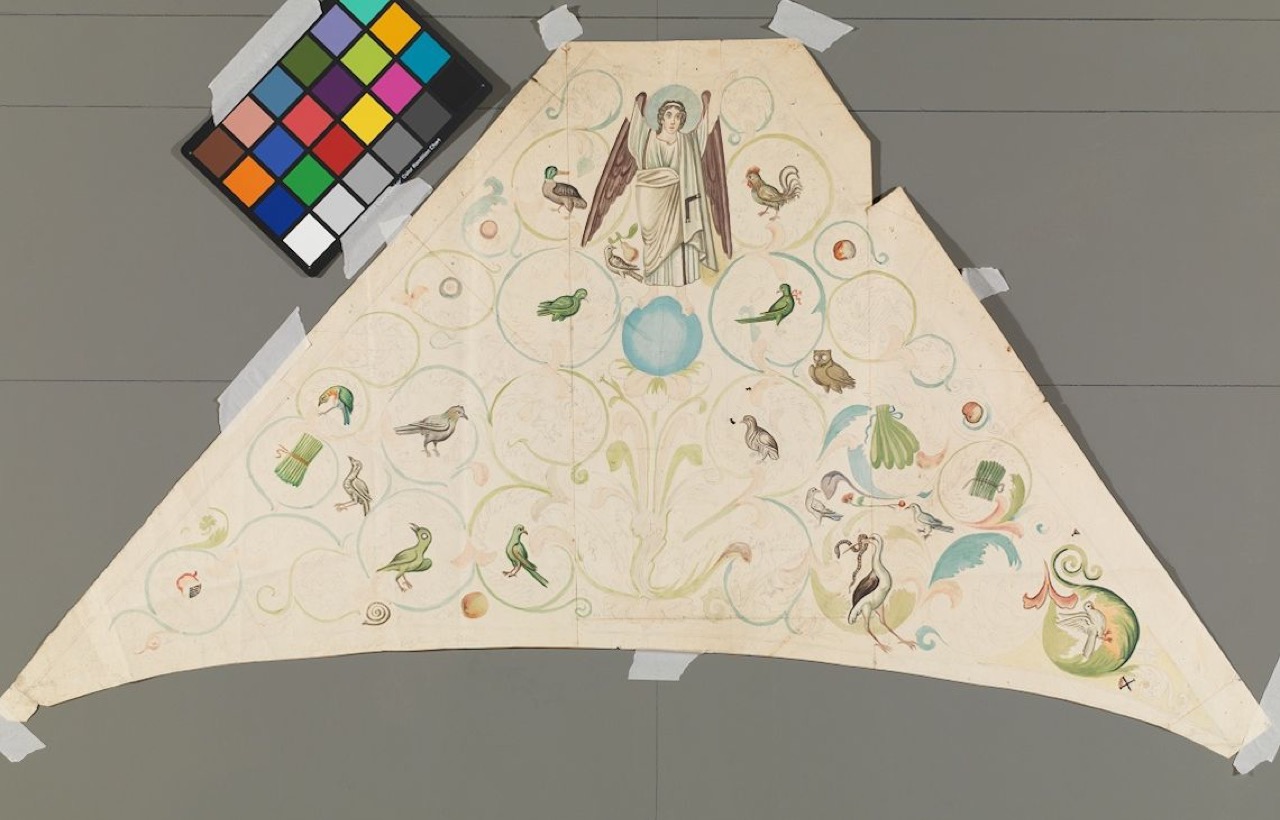 disegno architettonico, Particolare delle decorazioni musive della volta del presbiterio della basilica di San Vitale di Ravenna: eucarpo, volume d’acanto, animali e angelo reggente il tondo dell’Agnello Divino di Anonimo italiano (XIX-XX)