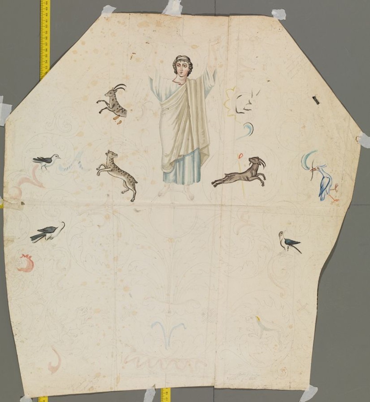 disegno architettonico, Decorazione musiva con Eucarpo, volume d’acanto e animali, particolari della volta del presbiterio con l’angelo reggente il tondo dell’Agnello divino, della basilica di San Vitale di Ravenna di Anonimo italiano (XX)