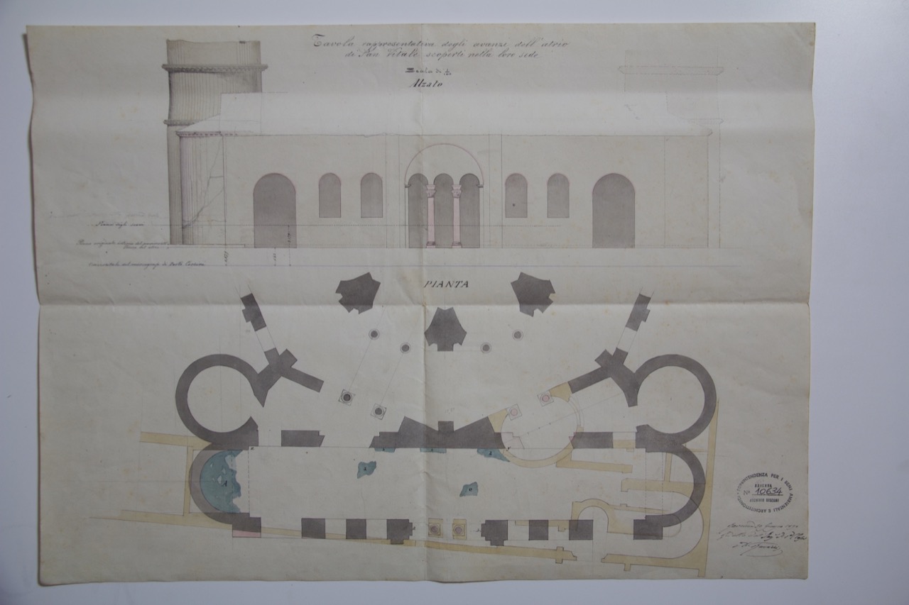 disegno architettonico, Tavola rappresentativa degli avanzi dell’atrio della basilica di San Vitale di Ravenna di Ranuzzi, Alessandro (XIX)