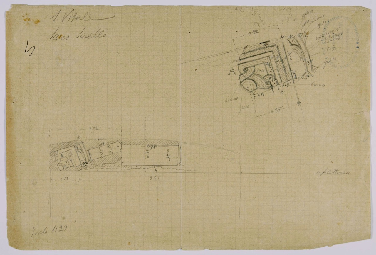 disegno architettonico, Pianta e particolare dello scavo del sacello della basilica di San Vitale di Ravenna di Azzaroni, Alessandro (XX)