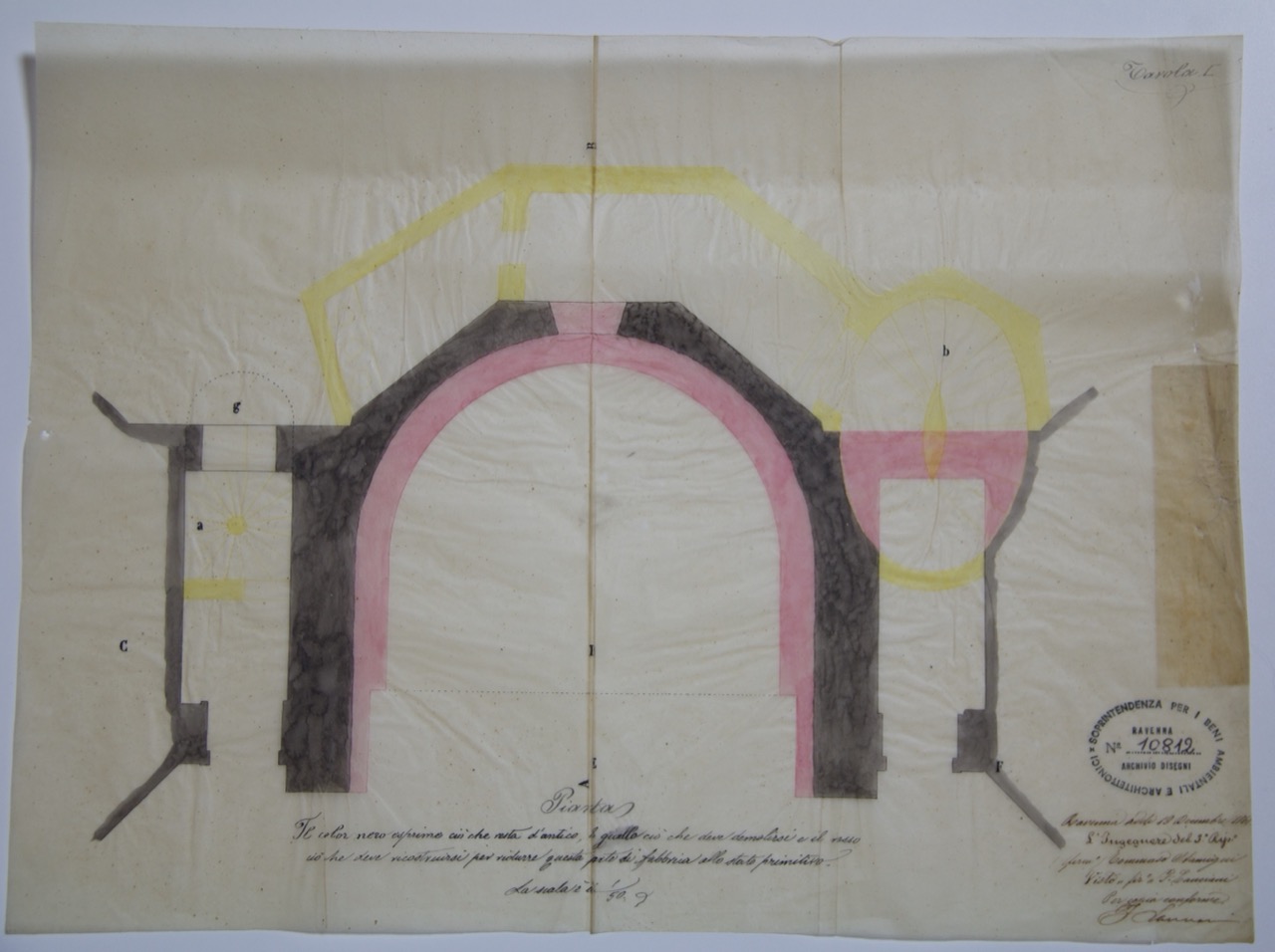 disegno architettonico, Pianta con l’indicazione delle parti da demolire e quelle da ricostruirsi della basilica di San Vitale di Ravenna di Anonimo italiano (XIX)