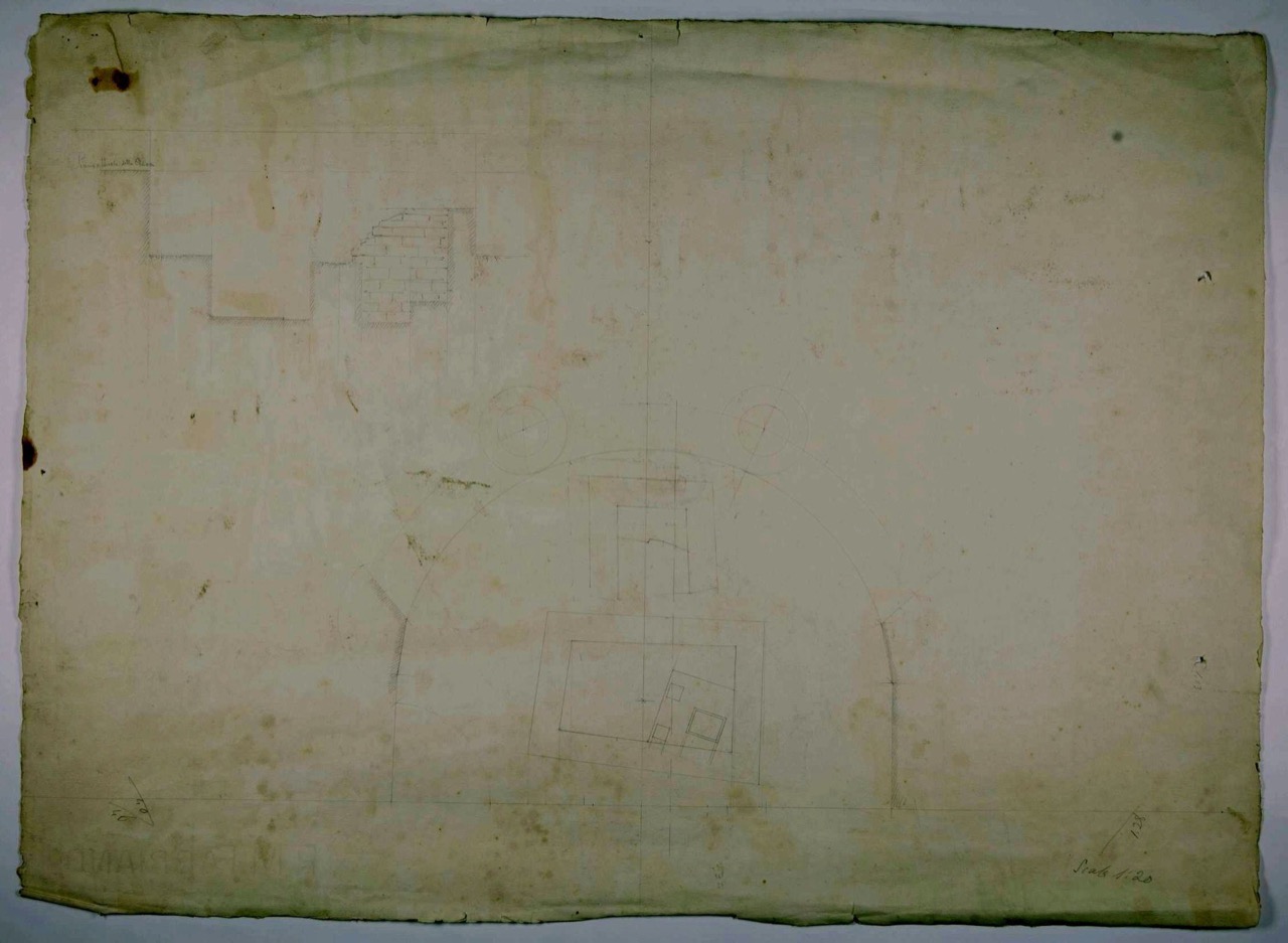 disegno architettonico, Pianta e sezione degli scavi per il sacello della basilica di San Vitale di Ravenna di Azzaroni, Alessandro (?) (XX)