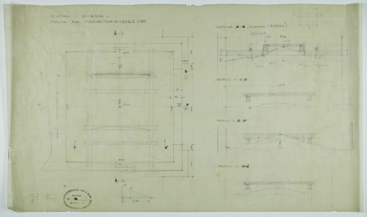 disegno architettonico, Pianta e sezioni della volta del presbiterio della basilica di San Vitale di Ravenna di Anonimo italiano (XiX-XX)