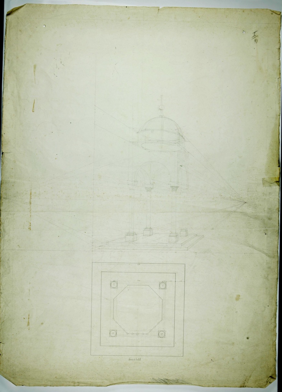 disegno architettonico, Schizzo prospettico e piante relativi al ciborio della basilica di San Vitale di Ravenna di Anonimo italiano (XIX-XX)