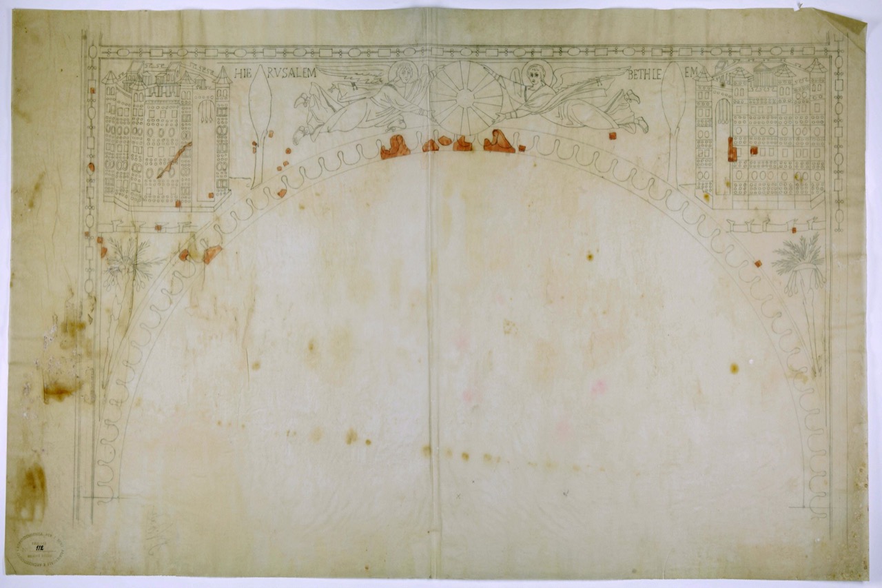 disegno architettonico, Decorazione del soprarco della basilica di San Vitale di Ravenna, con le città di Gerusalemme e Betlemme di Savini A (XX)
