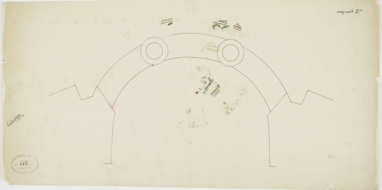 disegno architettonico, Posizionamento dei ritrovamenti di lacerti musivi di pavimento della 2° campata della basilica di San Vitale di Ravenna di Azzaroni, Alessandro (XX)