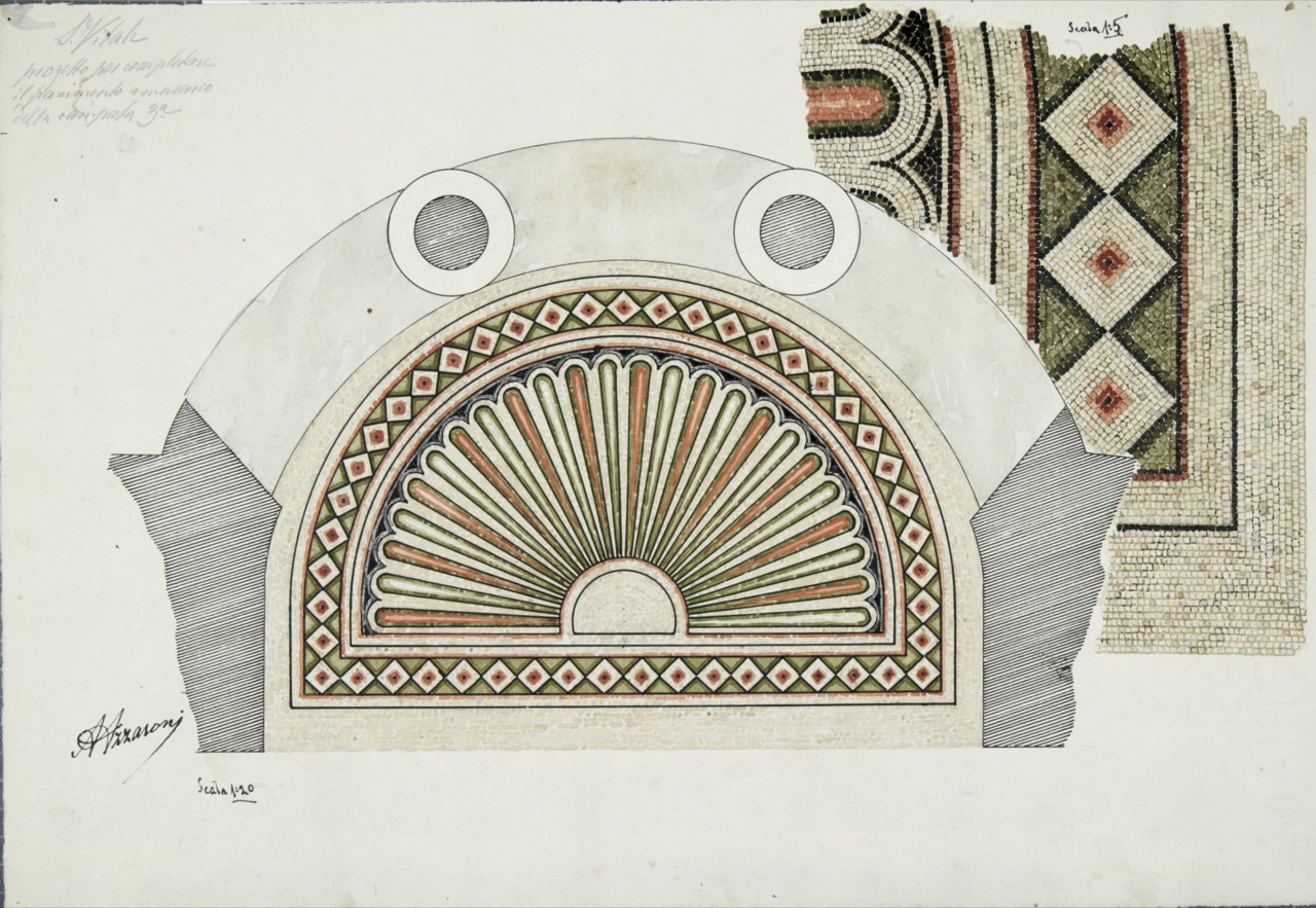 disegno architettonico, Posizionamento dei ritrovamenti di lacerti musivi di pavimento della 3° campata della basilica di San Vitale di Ravenna di Azzaroni, Alessandro (XX)