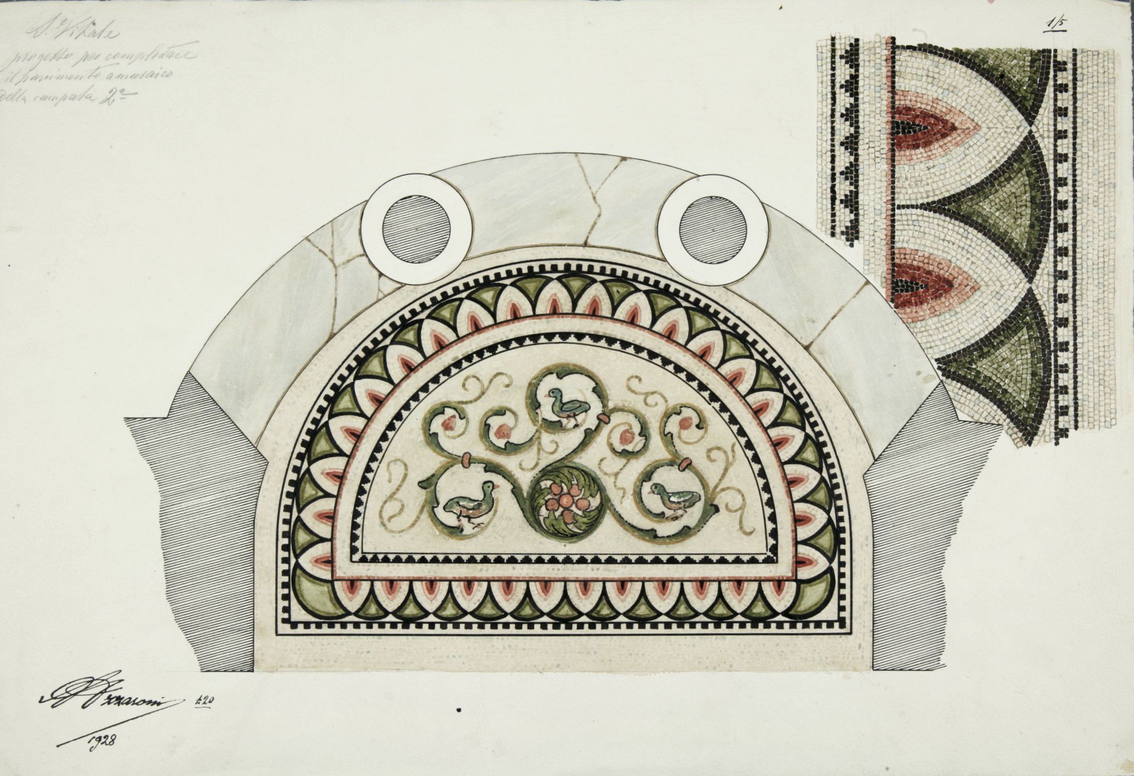 disegno architettonico, Progetto per il completamento del pavimento a mosaico della 2° campata della basilica di San Vitale di Ravenna di Azzaroni, Alessandro (XX)