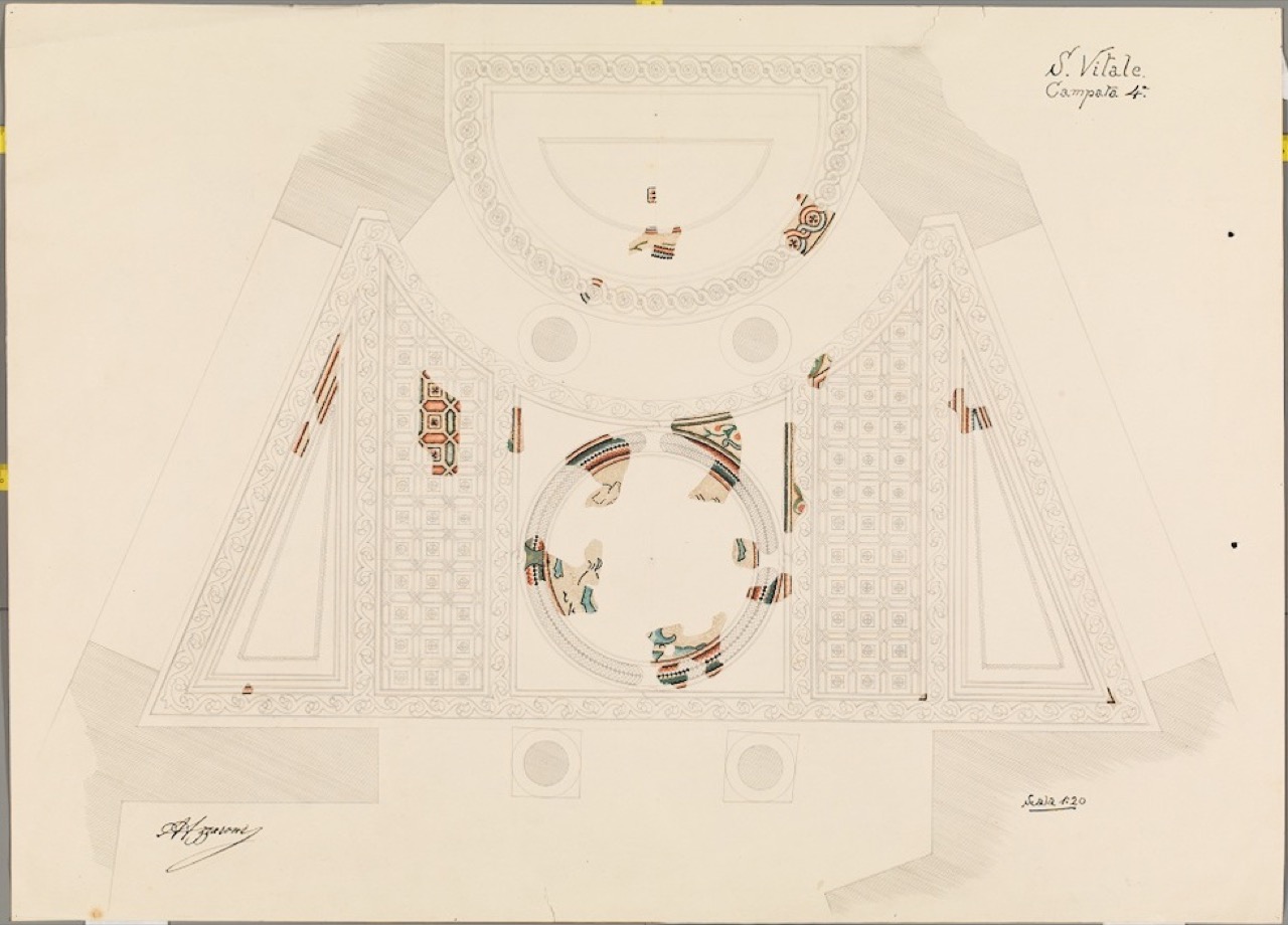 disegno architettonico, Ricostruzione ideale del posizionamento dei lacerti musivi pavimentali scoperti nel deambulatorio della 4° campata della basilica di San Vitale di Ravenna di Azzaroni, Alessandro (XX)