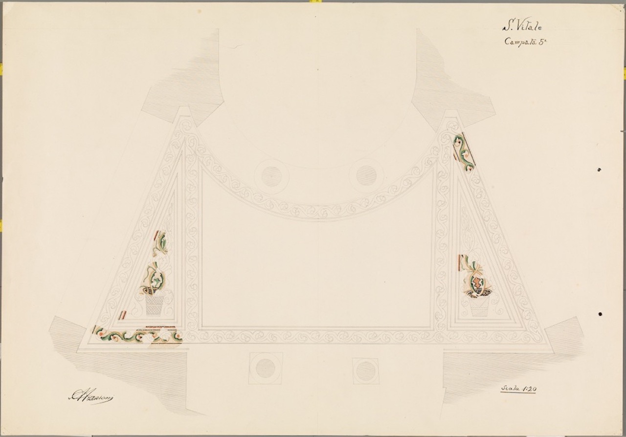 disegno architettonico, Ricostruzione ideale del posizionamento dei lacerti musivi pavimentali scoperti nel deambulatorio della 5° campata della basilica di San Vitale di Ravenna di Azzaroni, Alessandro (XX)