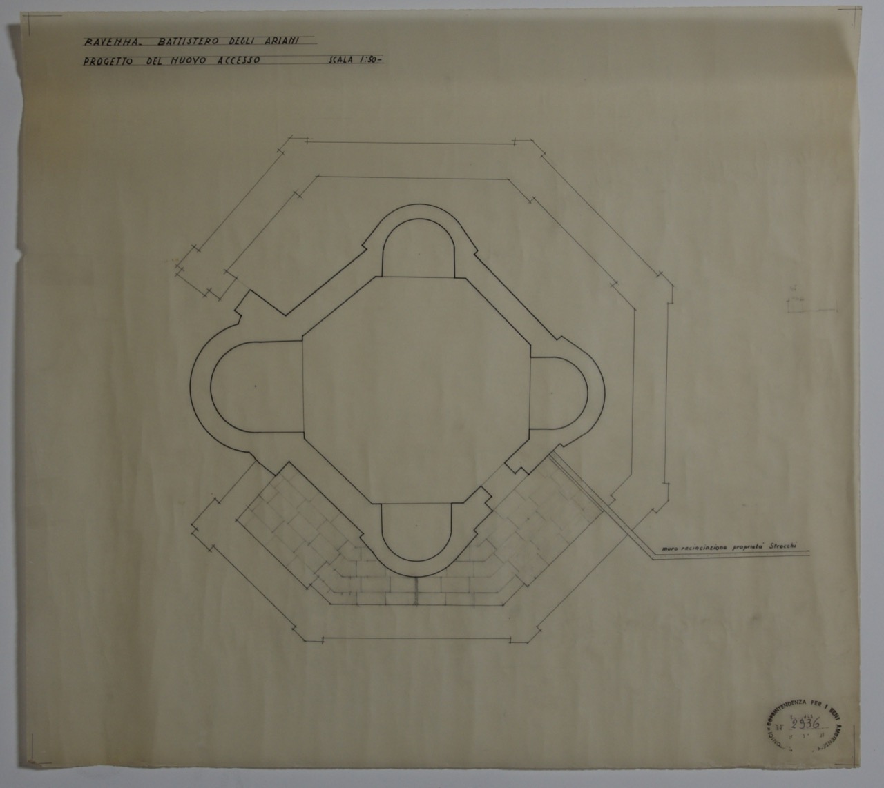disegno architettonico, Progetto del nuovo accesso del Battistero degli Ariani di Ravenna di Anonimo italiano (XIX-XX)