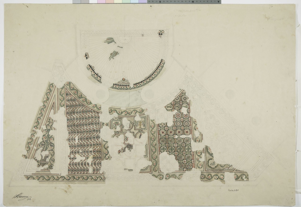 disegno architettonico, Posizionamenti dei ritrovamenti di lacerti di mosaici pavimentali della 7° campata della basilica di San Vitale di Ravenna di Azzaroni, Alessandro (XX)