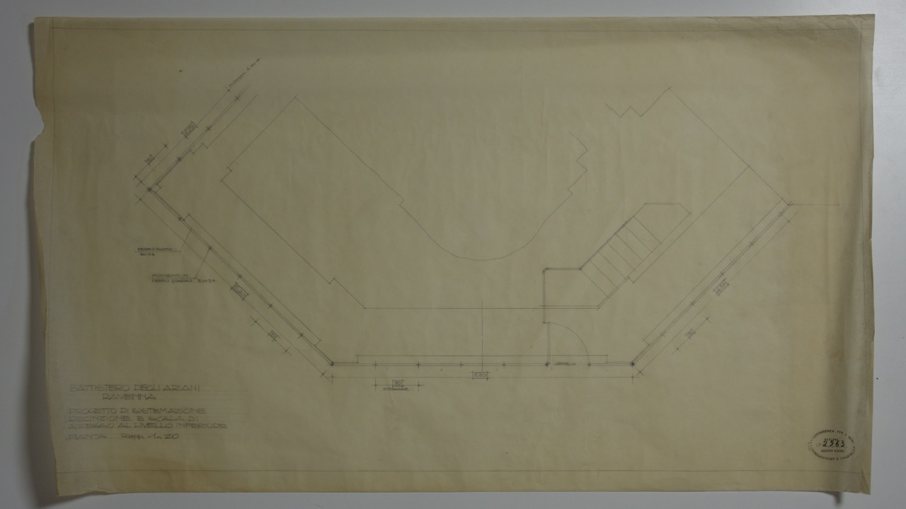 disegno architettonico, Progetto di sistemazione della recinzione e della scala di accesso al livello inferiore del Battistero degli Ariani di Ravenna di Anonimo italiano (XIX-XX)