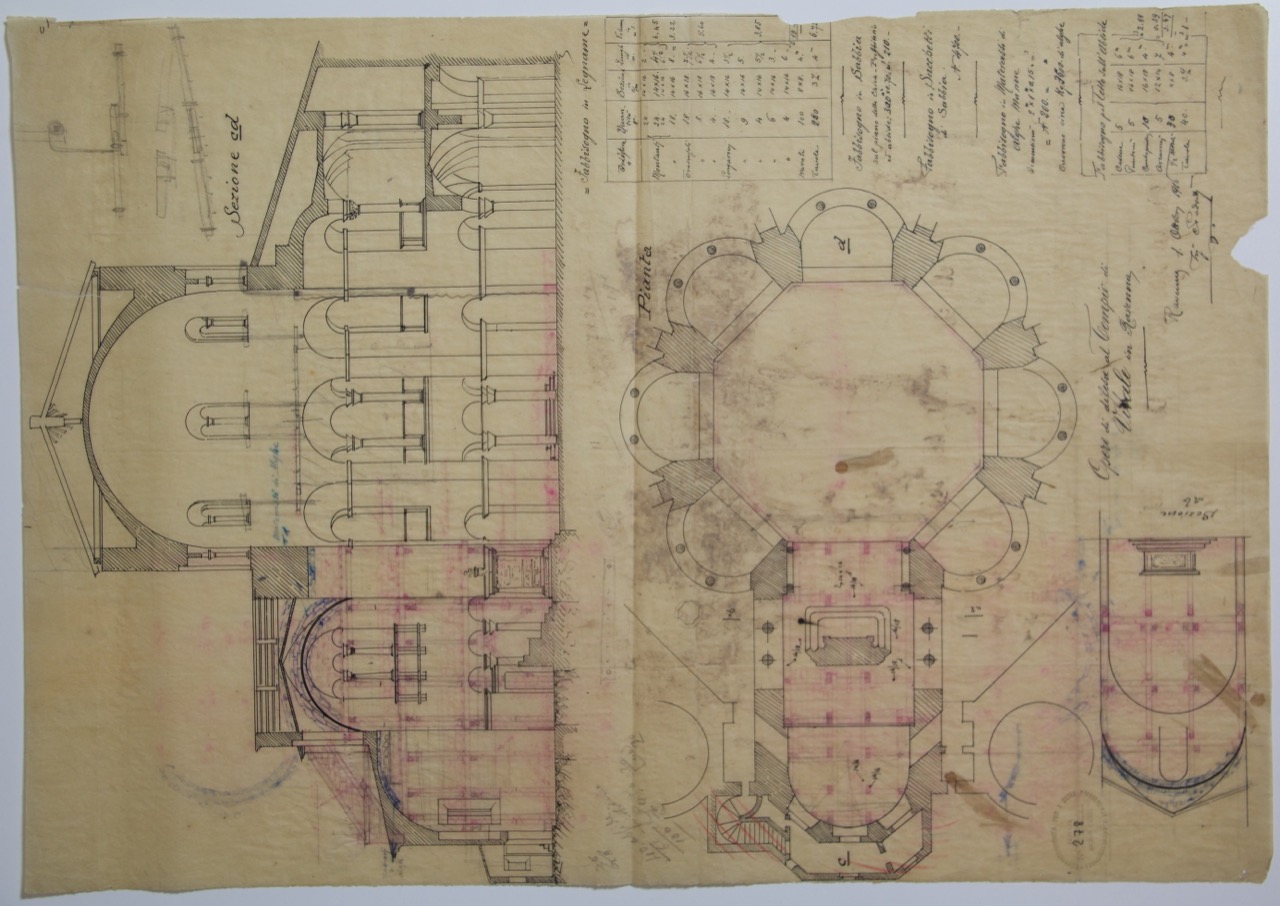 disegno architettonico, Pianta e sezioni della basilica di San Vitale di Ravenna di Pedretti, Clemente (XX)