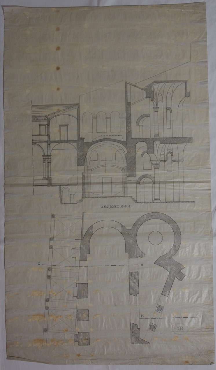disegno architettonico, Pianta dell’ardica con il campanile e la sezione della basilica di San Vitale di Ravenna di Anonimo italiano (XIX-XX)
