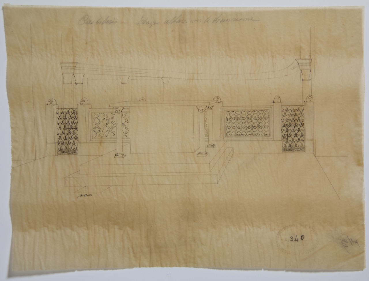 disegno architettonico, Schizzo dell'altare con le transenne, nel presbiterio della basilica di San Vitale di Ravenna di Anonimo italiano (XIX-XX)