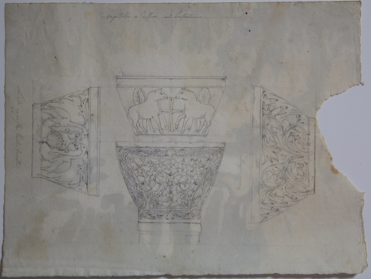 disegno architettonico, Disegno di un capitello con pulvino figurato a destra del presbiterio a piano terra della basilica di San Vitale di Ravenna di Anonimo italiano (XIX-XX)
