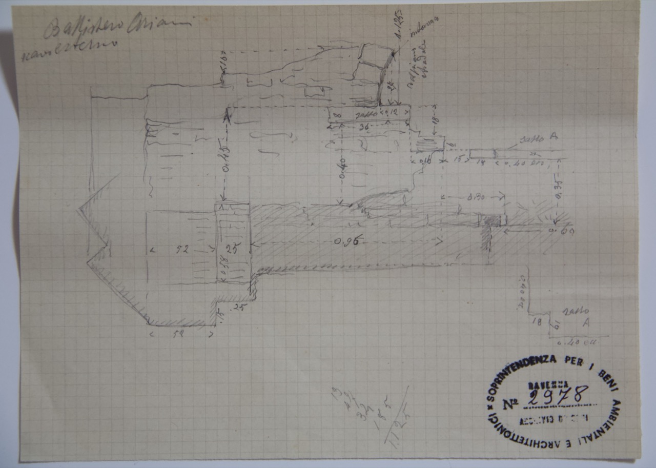 disegno architettonico, Rilievo del ritrovamento del pilone e dell’arco del Battistero degli Ariani di Ravenna di Azzaroni, Alessandro (XIX-XX)