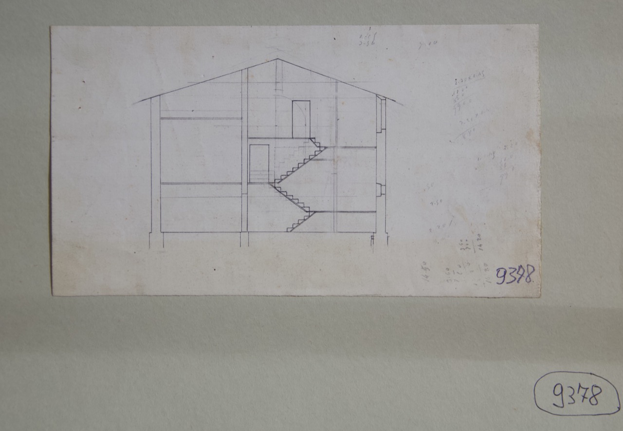disegno architettonico, Sezione in corrispondenza della scala della casa che era addossata al Battistero Neoniano di Ravenna di Anonimo italiano (XIX-XX)