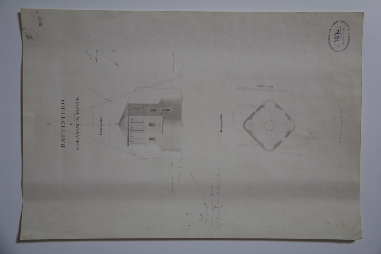 disegno architettonico, Prospetto e pianta del Battistero Neoniano di Ravenna di Anonimo italiano (XIX-XX)