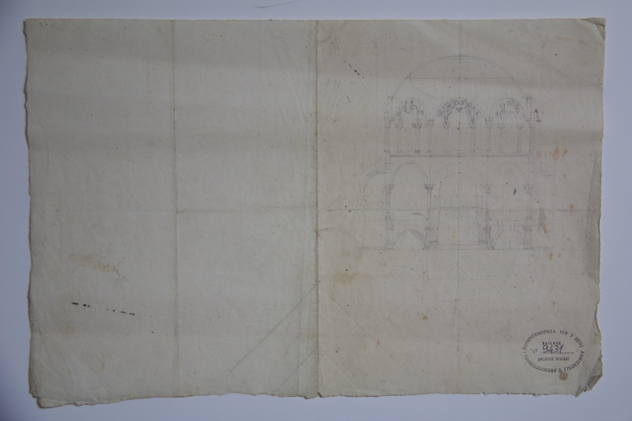 disegno architettonico, Sezione con le fondazioni originali del Battistero Neoniano di Ravenna di Anonimo italiano (XIX-XX)