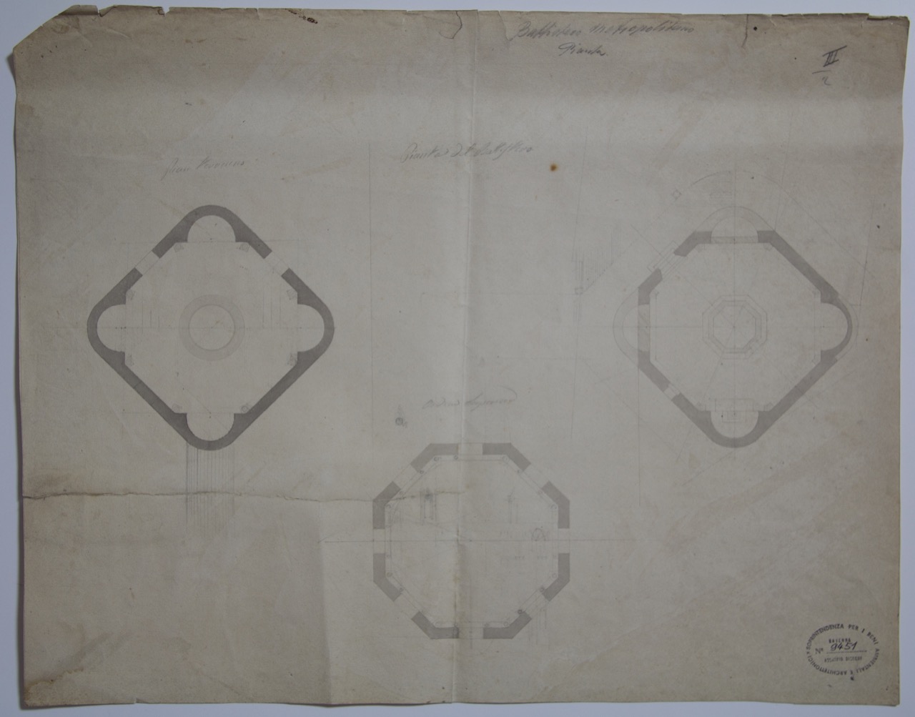 disegno architettonico, Pianta del piano terreno sopra alle nicchie e dell’ordine superiore del Battistero Neoniano di Ravenna di Anonimo italiano (XIX-XX)