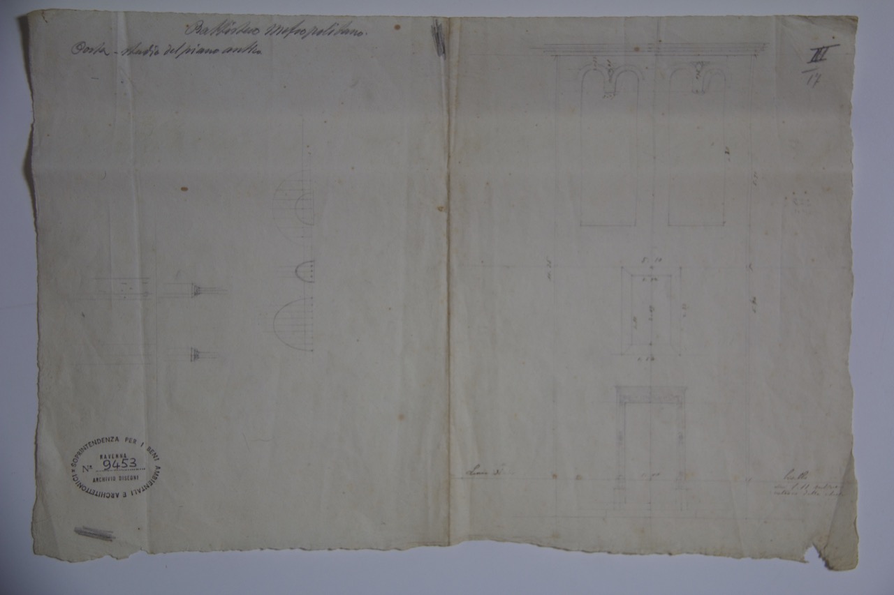 disegno architettonico, Prospetto della porta d’ingresso con lo studio del piano antico del Battistero Neoniano di Ravenna di Anonimo italiano (XIX-XX)