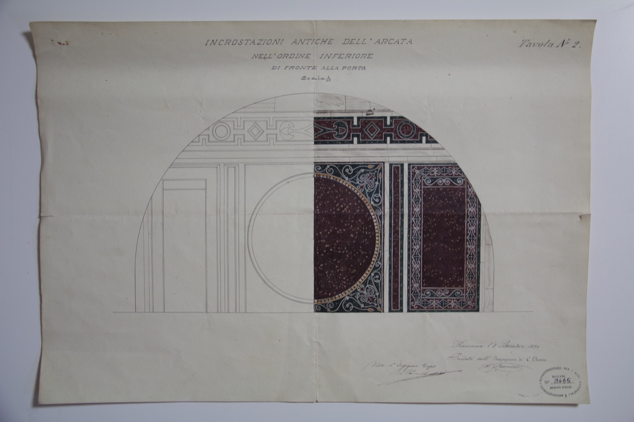 disegno architettonico, Incrostazioni antiche dell’arcata nell’ordine inferiore di fronte alla porta del Battistero Neoniano di Ravenna di Ranuzzi, Alessandro (XIX)