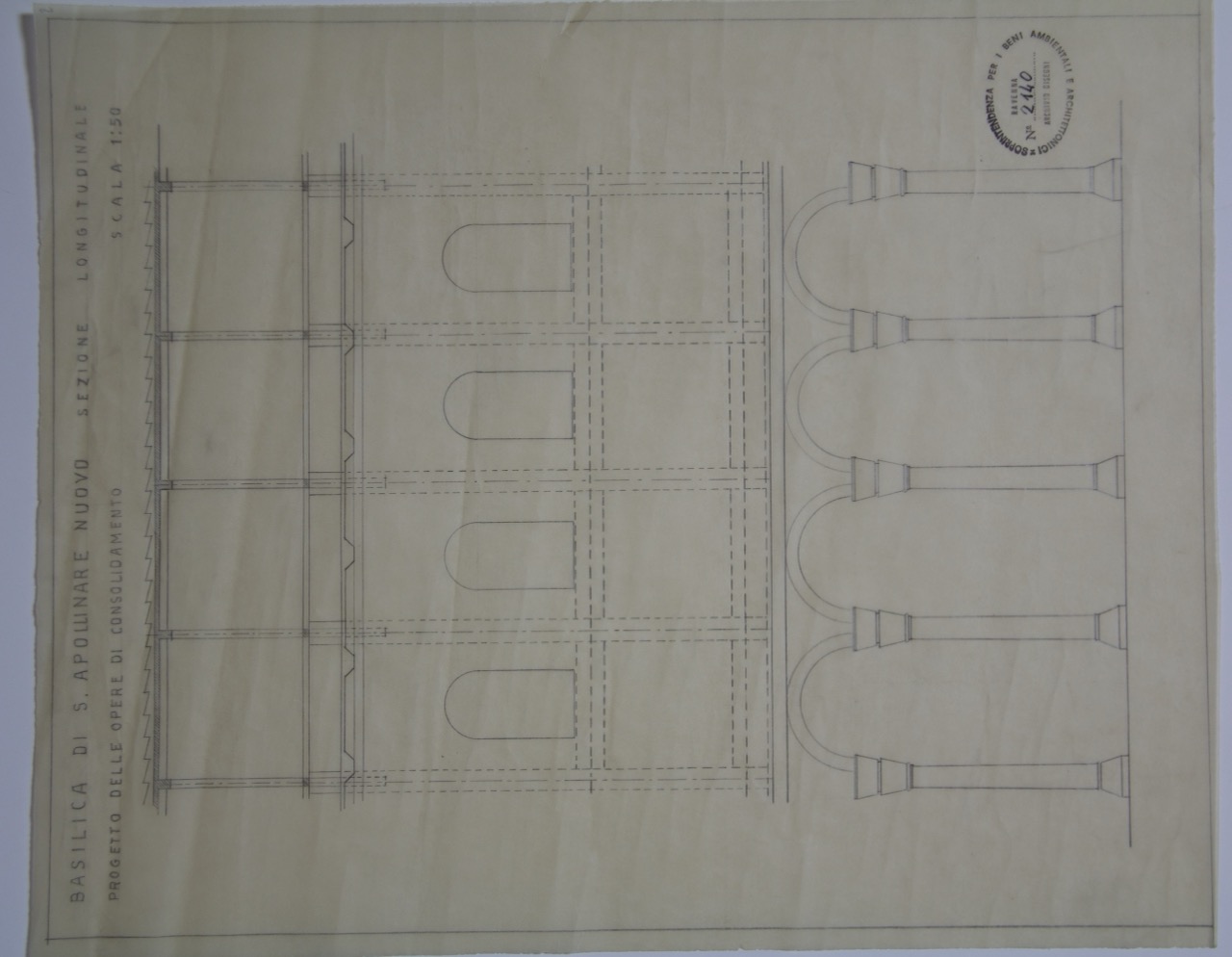 disegno architettonico, Sezione longitudinale della Basilica di Sant'Apollinare Nuovo di Ravenna di Anonimo italiano (XIX-XX)