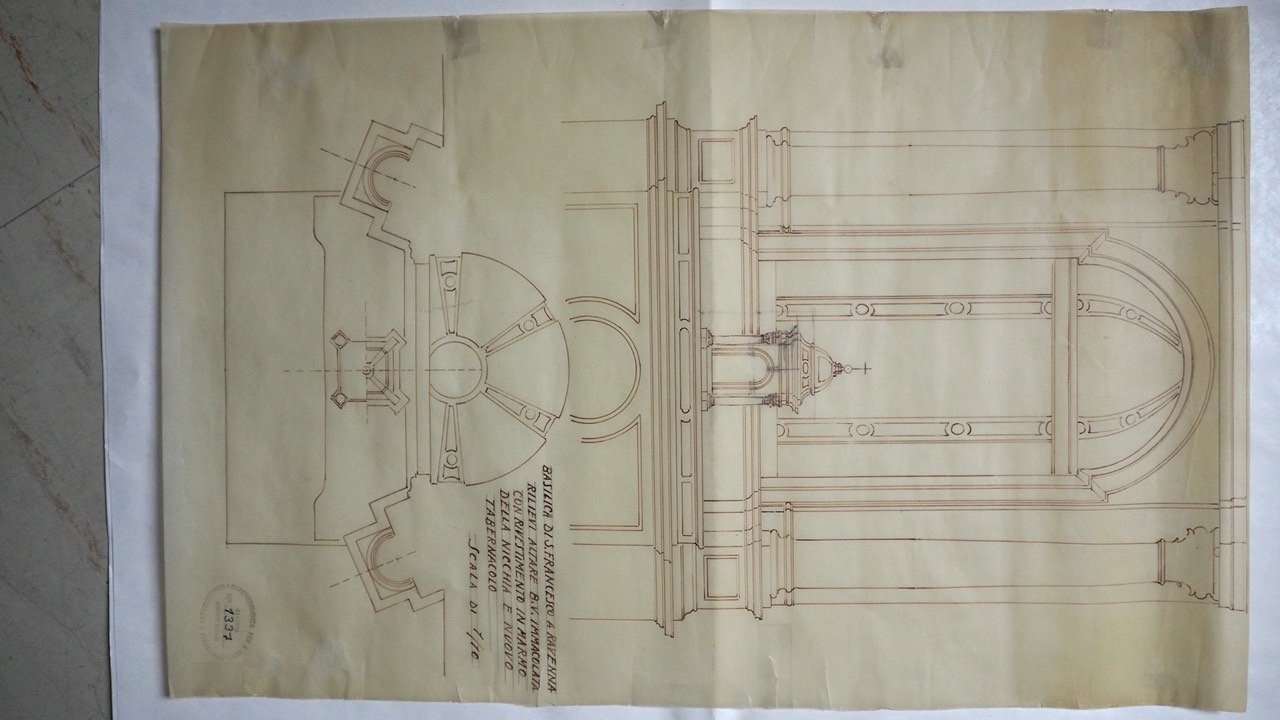 Rilievo dell'altare della Beata Vergine Immacolata della basilica di San Francesco di Ravenna (disegno architettonico) di Coop Istituto Artistico Lugaresi Cesena (primo quarto XX)