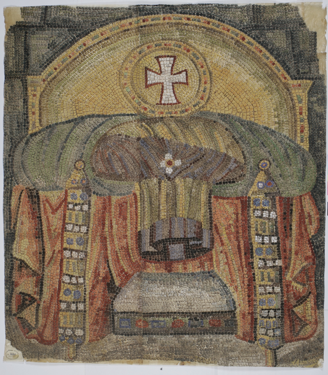 Calco al vero a colori di un trono nella cupola del Battistero Neoniano di Ravenna (disegno architettonico) di Azzaroni Alessandro (XIX-XX)