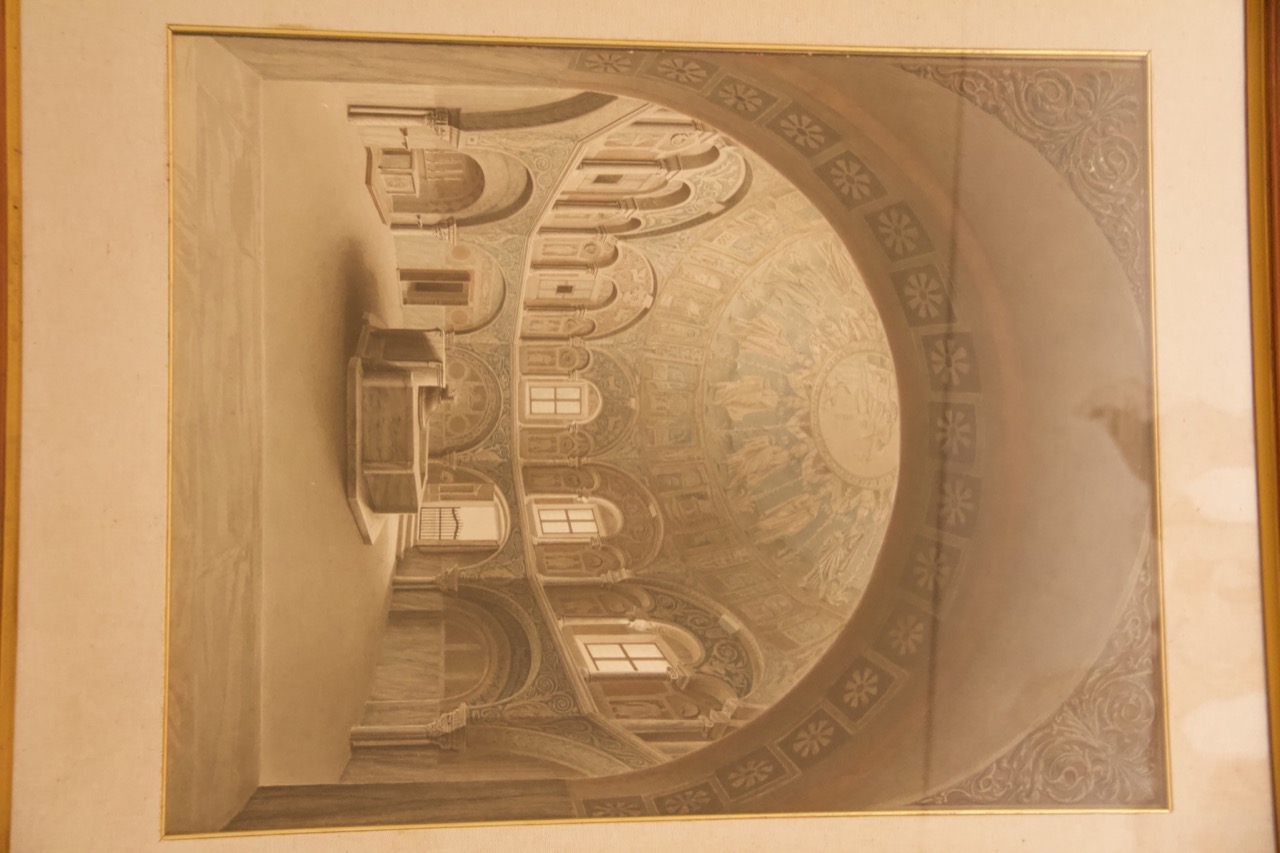 Vista prospettica interna verso l'ingresso del Battistero Neoniano di Ravenna (disegno architettonico) - ambito italiano (XIX-XX)