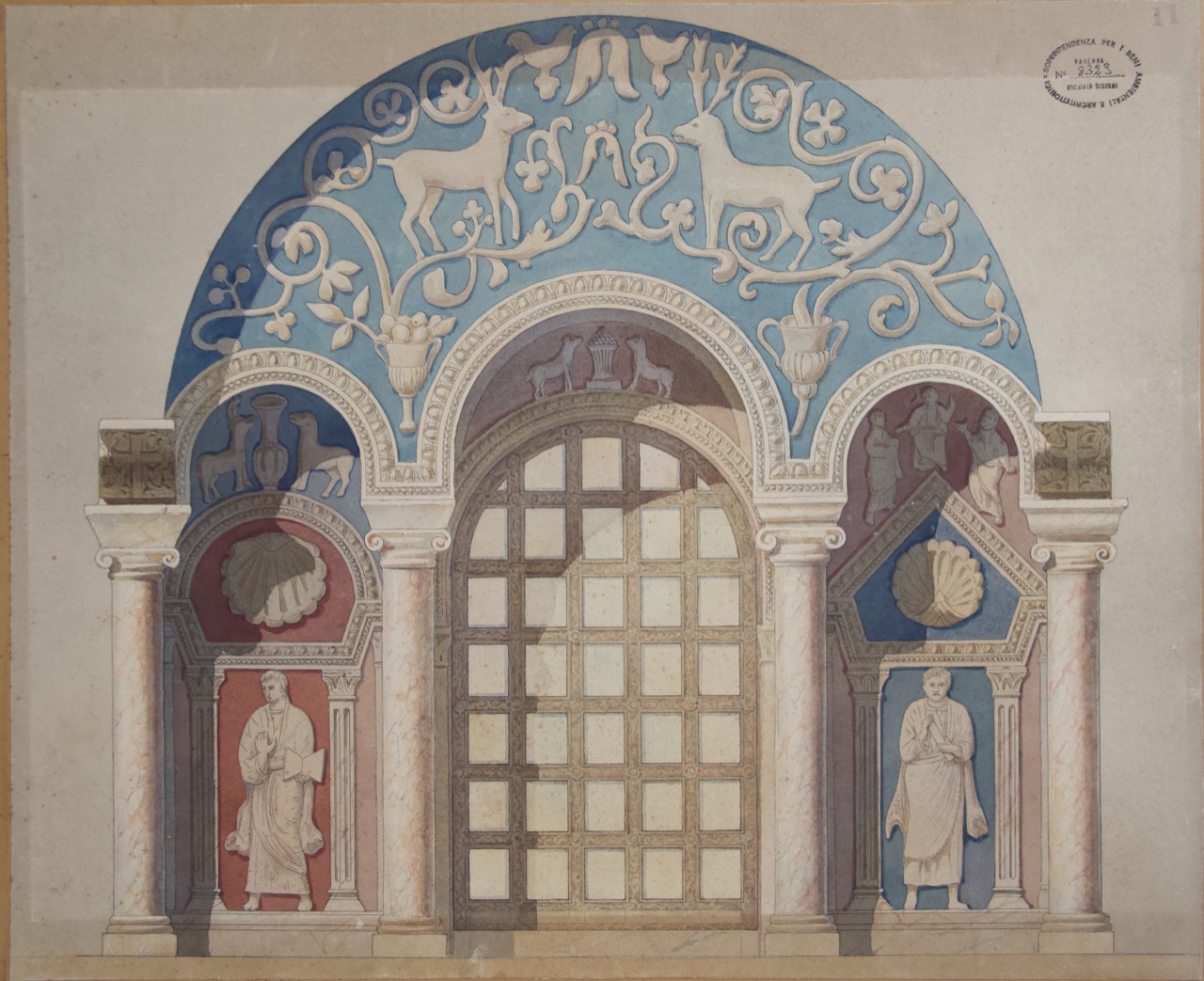 Prospetto di un’arcata con finestra e stucchi del Battistero Neoniano di Ravenna (disegno architettonico) - ambito italiano (XIX-XX)