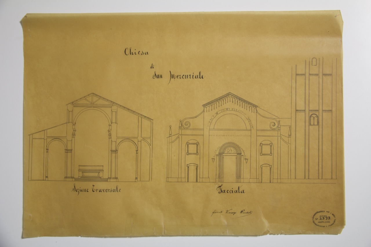 Sezione trasversale e facciata della abbazia di San Mercuriale di Forlì (disegno architettonico) di Pantoli, Vincenzo (XIX-XX)