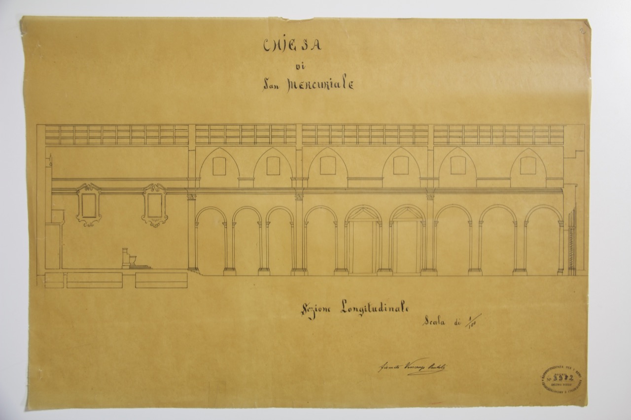 Sezione longitudinale della abbazia di San Mercuriale di Forlì (disegno architettonico) di Pantoli, Vincenzo (XIX-XX)