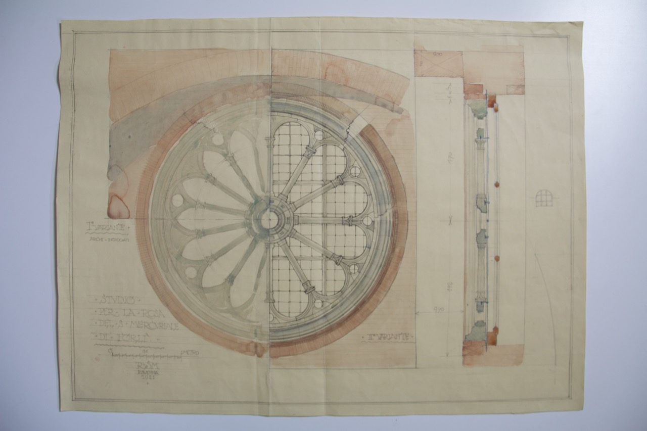 Studio di rosone della facciata della abbazia di San Mercuriale di Forlì (disegno architettonico) - ambito italiano (XX)